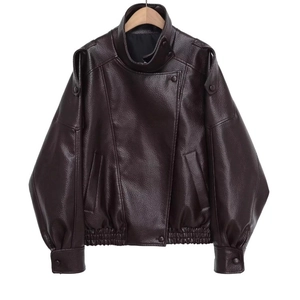 Women's vintage dark brown faux leather biker jacket with a high-quality textured finish