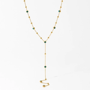 Golden stainless steel Y-shaped necklace featuring blue evil eye charms and small gold beads