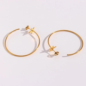 Macro shot of gold stainless steel hoop earring featuring a star pendant on white backdrop