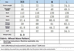 Detailed size chart for women's double-breasted wool coat with measurement specifications