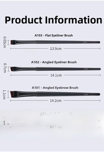 Detailed view of ultra-thin angled brow and eyeliner brushes with microfiber bristles