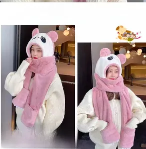 Detailed view of pink plush 3-in-1 panda hood scarf with mittens for winter warmth