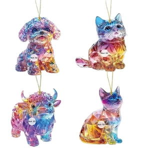Flat acrylic animal pendants with crystal geometric print, puppy and kitten car decor