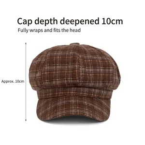 Brown plaid newsboy cap for women with wool texture and 10cm depth design