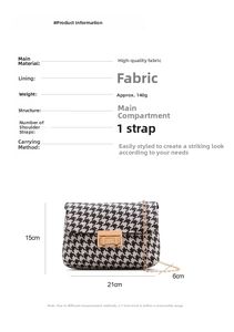Classic houndstooth crossbody bag detail showing 21x15x6cm dimensions and gold chain