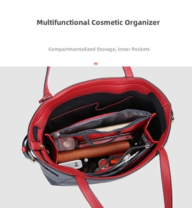 Detailed interior view of red tote bag organizer with multiple pockets and zipper