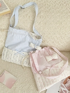 Sweet striped canvas shoulder bag with ribbon bow and adjustable strap for women