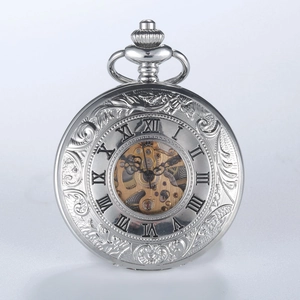 Silver vintage mechanical pocket watch with floral engraving and skeleton Roman numeral dial