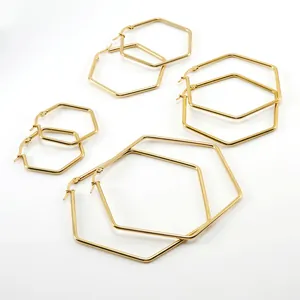 Hexagonal Hoop Earrings 18K Gold Plated Stainless Steel Geometric Minimalist Large Circle Fashion Jewelry For Women
