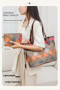 Macro detail of geometric patchwork tote bag featuring vibrant crocodile texture leather