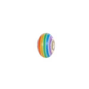 Macro shot of 8x14mm rainbow striped resin charm beads with metal core for DIY bracelets