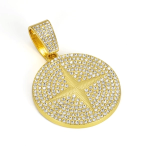 Hip hop gold plated circular pendant with crystal cross pattern and iced out bail