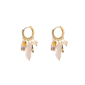 Elegant gold round natural pearl earrings with baroque pearl and purple crystal charms