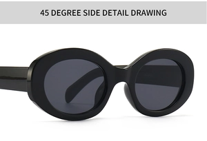 Detail view of oval marble pattern sunglasses with thick black frames and side profile