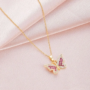 Titanium steel necklace featuring a colorful zircon butterfly pendant on pink silk