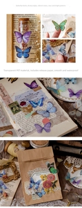 Detail of vintage waterproof PET butterfly stickers applied on glass jars and notebooks