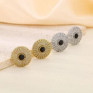 Vintage round titanium steel stud earrings with radiant crystal pavé in gold and silver