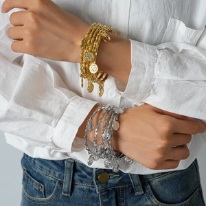 Multi Layer Wavy Iron ABS Metal Bangle Bracelets With Retro Coin Pendants Bohemian Vintage Jewelry For Women