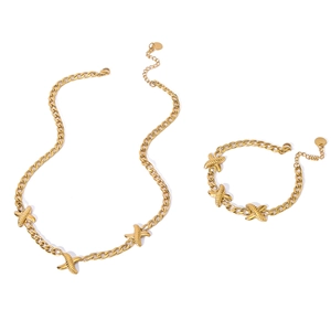 Gold stainless steel hip-hop necklace and bracelet set with textured X-shaped accents