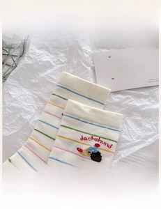 Close-up of ribbed cuffs on white cotton mid-calf socks with colorful stripes and embroidery