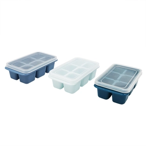 Set of 3 blue plastic 6-grid ice cube molds with transparent lids on white background