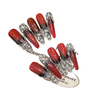 Deep red and black gradient handmade press-on nails with luxury rhinestones