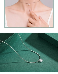 Detailed close-up and model shot of a minimalist silver necklace with a round zircon stone