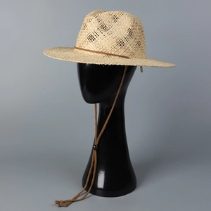 Chapeau fedora en paille boho pour femme avec ruban et mentonnière réglable