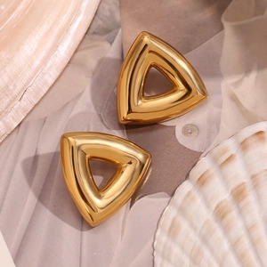 Detailed view of gold-plated stainless steel hollow triangle earrings on shell background