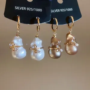 Boucles D'oreilles Créoles En Künstliche Perle D'imitation Baroque Avec Nœud Plqué Or 18K Zircon Tige En Argent 925