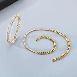 Golden titanium steel jewelry set with square zircon crystals and classic cuban chain links