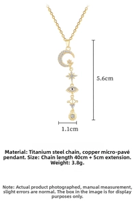 Detailed size specifications for gold tassel necklace with star and moon charms