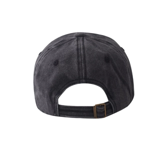 Back view of washed black cotton baseball cap showing adjustable metal buckle closure