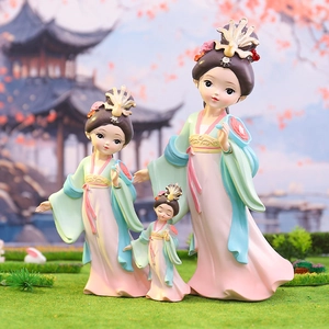 Three Chinese style traditional palace doll ornaments set in a classical garden scene