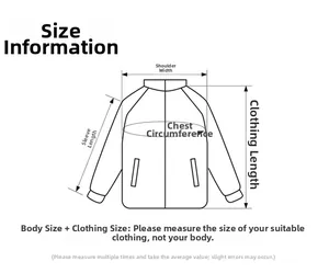 Detailed size chart guide showing measurements for jacket shoulder, chest, and sleeve length