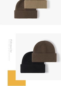 Close-up of knit fisherman hats with wide folded brims in coffee, khaki and black