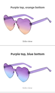 Side view of heart-shaped rimless sunglasses with purple to orange and blue gradient lenses