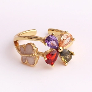Adjustable gold flower ring featuring pink butterfly and colorful cubic zirconia stones