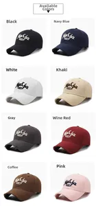 Close-up of baseball caps in eight colors featuring vintage distressed brim details