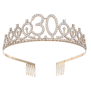 Golden 30th birthday crown tiara with rhinestones and hair combs on white background