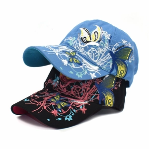 Fashionable baseball cap featuring vibrant butterfly embroidery and sequins in blue and black