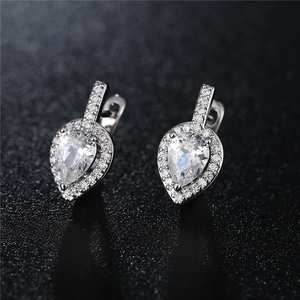 Elegant pear cut cubic zirconia leverback earrings in silver finish with halo design