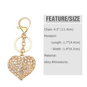 Macro detail of heart crystal keychain with dimensions and silver rhinestone alloy base