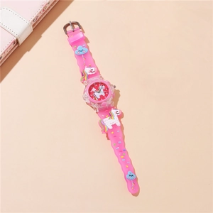 Detail of pink silicone strap with 3D cartoon unicorn and cloud relief for kids watch
