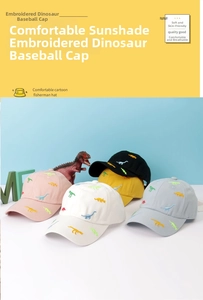 Detail of embroidered cartoon dinosaurs on cotton baseball caps for kids and toddlers