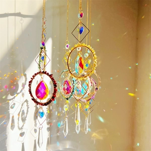 Detailed close-up of crystal suncatchers refracting rainbows in direct sunlight