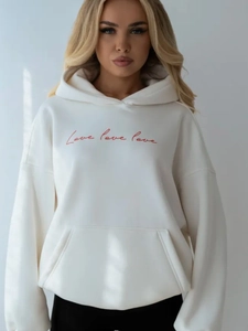 Oversize white fleece hoodie with red Love love love letter print and front kangaroo pocket
