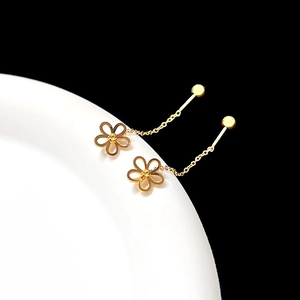 Gold-plated titanium steel flower tassel earrings with hollow floral design for women