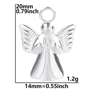 Silver angel pendant size guide with measurements 20mm height and 1.2g weight