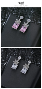 Tile display of S925 silver floral drop earrings with pink and white rectangular zircons